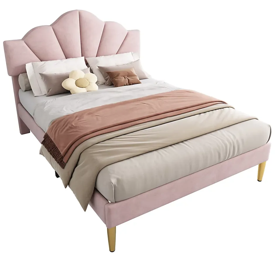 Redom Lit 140x200 cm en velours rose avec tête de lit réglable, pieds métal doré et sommier à lattes bois Discount