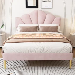 Redom Lit 140x200 cm en velours rose avec tête de lit réglable, pieds métal doré et sommier à lattes bois Discount