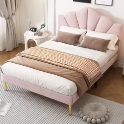 Redom Lit 140x200 cm en velours rose avec tête de lit réglable, pieds métal doré et sommier à lattes bois Discount