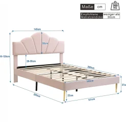Redom Lit 140x200 cm en velours rose avec tête de lit réglable, pieds métal doré et sommier à lattes bois Discount