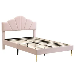 Redom Lit 140x200 cm en velours rose avec tête de lit réglable, pieds métal doré et sommier à lattes bois Discount