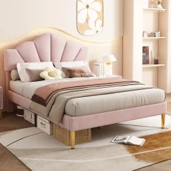 Redom Lit 140x200 cm en velours rose avec tête de lit réglable, pieds métal doré et sommier à lattes bois Discount