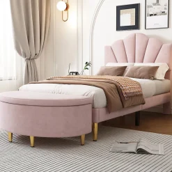 Redom Lit 90x200 cm en velours rose avec tête de lit réglable style coquillage et pieds métal doré, élégant