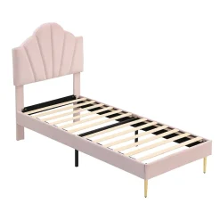 Redom Lit 90x200 cm en velours rose avec tête de lit réglable style coquillage et pieds métal doré, élégant