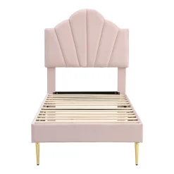Redom Lit 90x200 cm en velours rose avec tête de lit réglable style coquillage et pieds métal doré, élégant