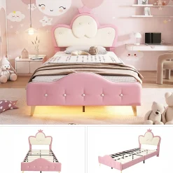 Enfant Redom Lit 90x200 cm enfant avec tête rembourrée en vague et couronne, PU blanc/rose et bande LED intégrée