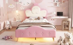 Enfant Redom Lit 90x200 cm enfant avec tête rembourrée en vague et couronne, PU blanc/rose et bande LED intégrée