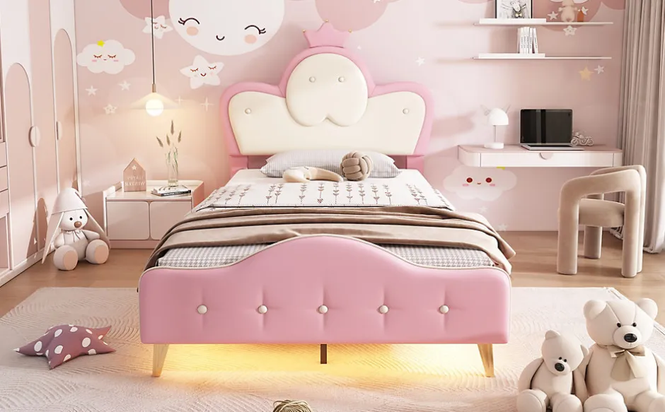 Enfant Redom Lit 90x200 cm enfant avec tête rembourrée en vague et couronne, PU blanc/rose et bande LED intégrée