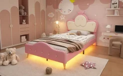 Enfant Redom Lit 90x200 cm enfant avec tête rembourrée en vague et couronne, PU blanc/rose et bande LED intégrée