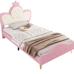 Enfant Redom Lit 90x200 cm enfant avec tête rembourrée en vague et couronne, PU blanc/rose et bande LED intégrée