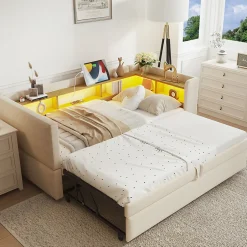 Redom Lit 90/180x190 cm extensible avec rangements intégrés, éclairage LED, prises et tissu flanelle beige