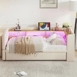Redom Lit 90/180x190 cm extensible avec rangements intégrés, éclairage LED, prises et tissu flanelle beige