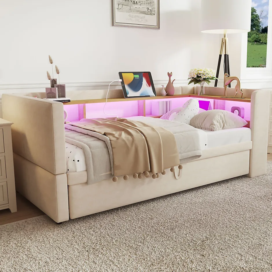 Redom Lit 90/180x190 cm extensible avec rangements intégrés, éclairage LED, prises et tissu flanelle beige