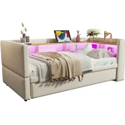 Redom Lit 90/180x190 cm extensible avec rangements intégrés, éclairage LED, prises et tissu flanelle beige