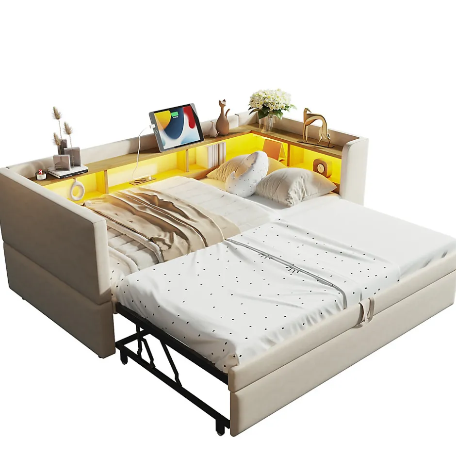 Redom Lit 90/180x190 cm extensible avec rangements intégrés, éclairage LED, prises et tissu flanelle beige