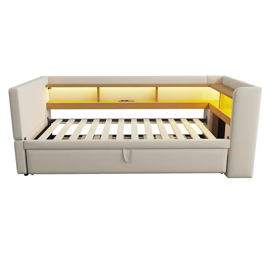 Redom Lit 90/180x190 cm extensible avec rangements intégrés, éclairage LED, prises et tissu flanelle beige