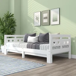 Redom Lit 90x200 cm extensible avec 2e couchage et tête en forme de cœur en pin massif blanc, design romantique