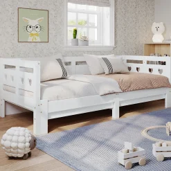 Redom Lit 90x200 cm extensible avec 2e couchage et tête en forme de cœur en pin massif blanc, design romantique