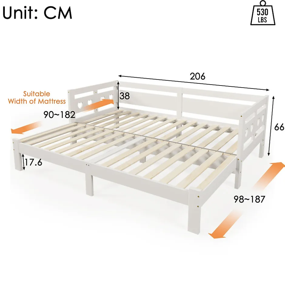 Redom Lit 90x200 cm extensible avec 2e couchage et tête en forme de cœur en pin massif blanc, design romantique