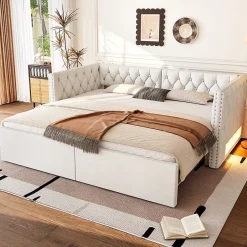 Redom Lit 90x200 cm extensible en 180x200 cm avec éclairage LED, revêtement lin beige, design contemporain