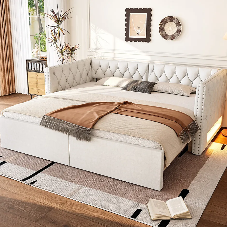 Redom Lit 90x200 cm extensible en 180x200 cm avec éclairage LED, revêtement lin beige, design contemporain