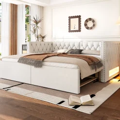 Redom Lit 90x200 cm extensible en 180x200 cm avec éclairage LED, revêtement lin beige, design contemporain