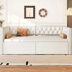 Redom Lit 90x200 cm extensible en 180x200 cm avec éclairage LED, revêtement lin beige, design contemporain