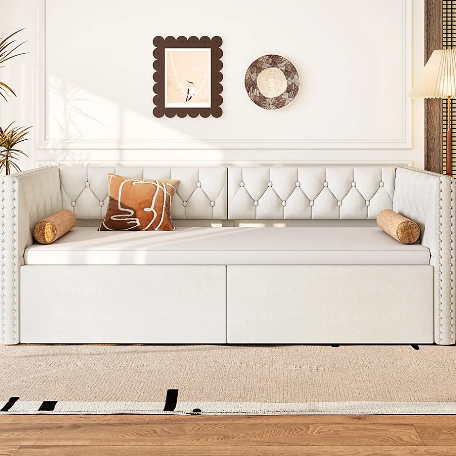 Redom Lit 90x200 cm extensible en 180x200 cm avec éclairage LED, revêtement lin beige, design contemporain