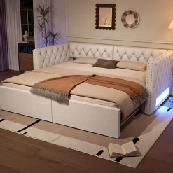 Redom Lit 90x200 cm extensible en 180x200 cm avec éclairage LED, revêtement lin beige, design contemporain