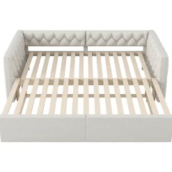 Redom Lit 90x200 cm extensible en 180x200 cm avec éclairage LED, revêtement lin beige, design contemporain