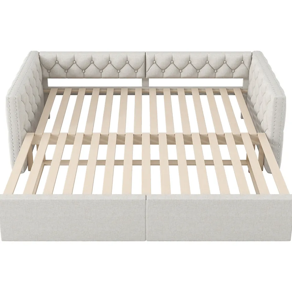 Redom Lit 90x200 cm extensible en 180x200 cm avec éclairage LED, revêtement lin beige, design contemporain