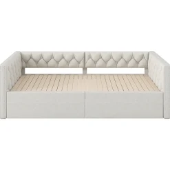 Redom Lit 90x200 cm extensible en 180x200 cm avec éclairage LED, revêtement lin beige, design contemporain