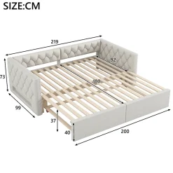 Redom Lit 90x200 cm extensible en 180x200 cm avec éclairage LED, revêtement lin beige, design contemporain