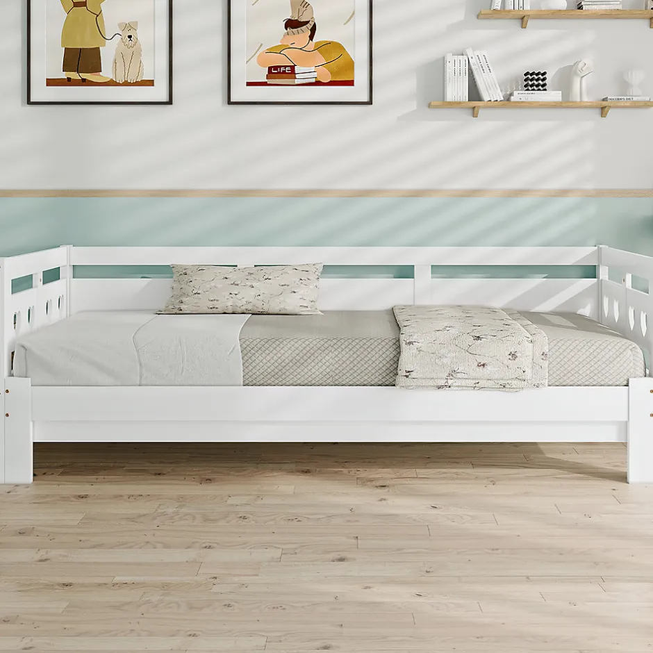 Redom Lit 90x190 cm extensible en 182x190 cm, cadre pin massif en forme de cœur, blanc élégant