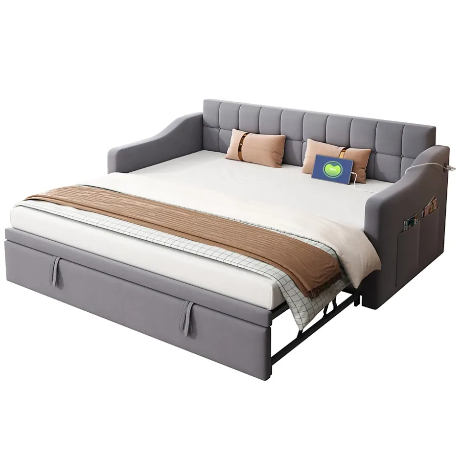 Redom Lit 90x190 cm extensible jusqu'à 180 cm, convertible en sofa en velours gris avec ports USB intégrés Outlet