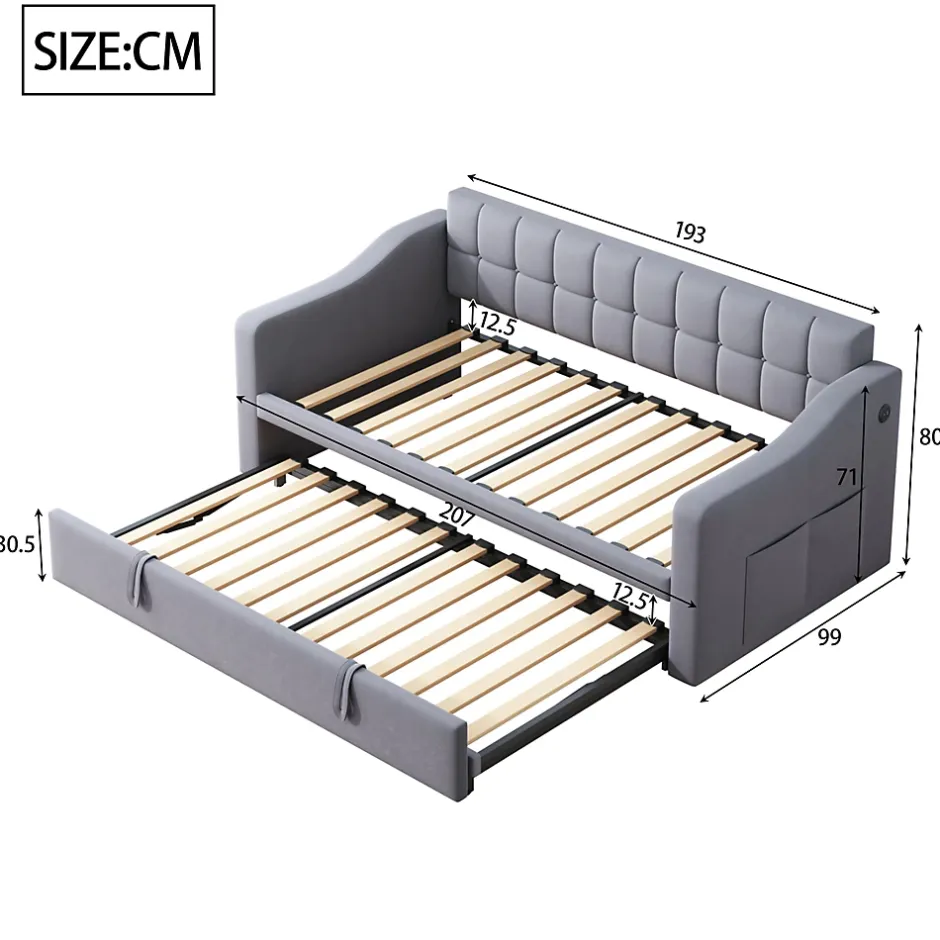 Redom Lit 90x190 cm extensible jusqu'à 180 cm, convertible en sofa en velours gris avec ports USB intégrés Outlet