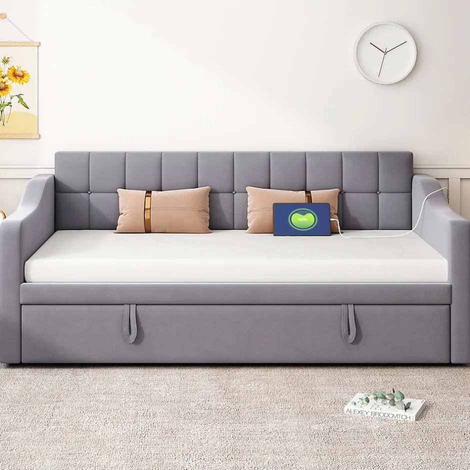 Redom Lit 90x190 cm extensible jusqu'à 180 cm, convertible en sofa en velours gris avec ports USB intégrés Outlet