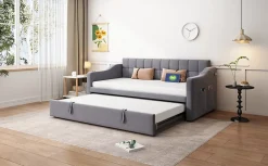 Redom Lit 90x190 cm extensible jusqu'à 180 cm, convertible en sofa en velours gris avec ports USB intégrés Outlet