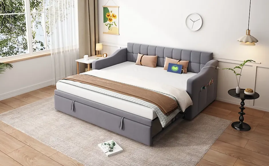 Redom Lit 90x190 cm extensible jusqu'à 180 cm, convertible en sofa en velours gris avec ports USB intégrés Outlet