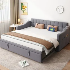 Redom Lit 90x190 cm extensible jusqu'à 180 cm, convertible en sofa en velours gris avec ports USB intégrés Outlet