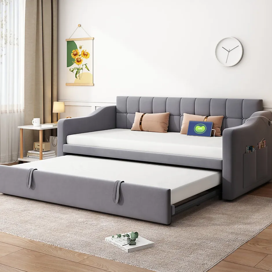 Redom Lit 90x190 cm extensible jusqu'à 180 cm, convertible en sofa en velours gris avec ports USB intégrés Outlet