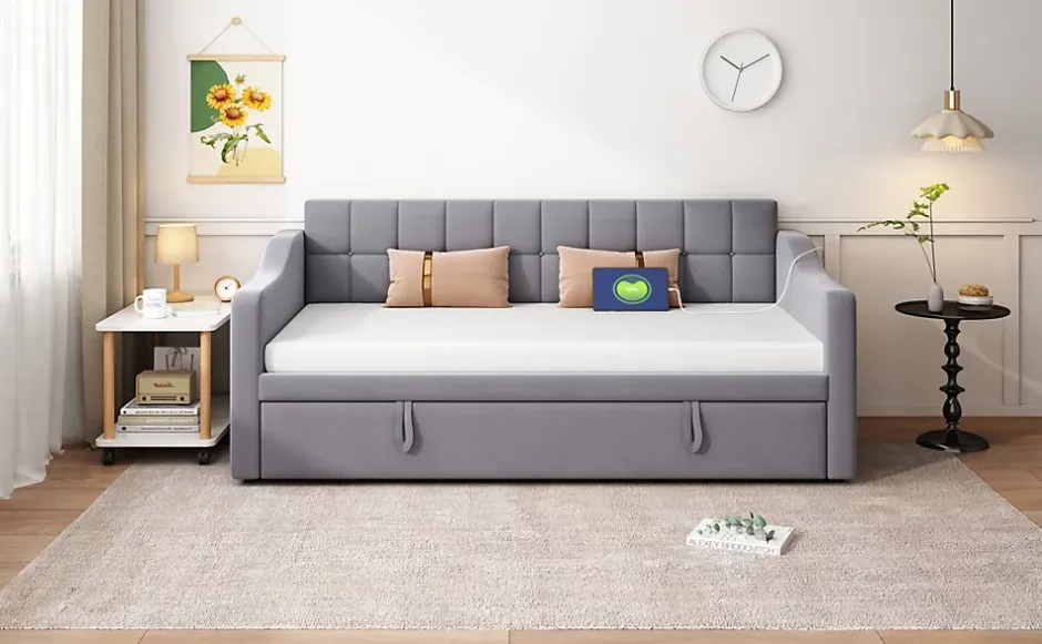 Redom Lit 90x190 cm extensible jusqu'à 180 cm, convertible en sofa en velours gris avec ports USB intégrés Outlet