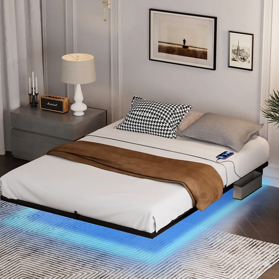 Redom Lit 160x200 cm flottant en acier noir avec éclairage LED, station USB-C et poche de rangement