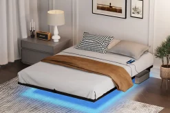 Redom Lit 160x200 cm flottant en acier noir avec éclairage LED, station USB-C et poche de rangement