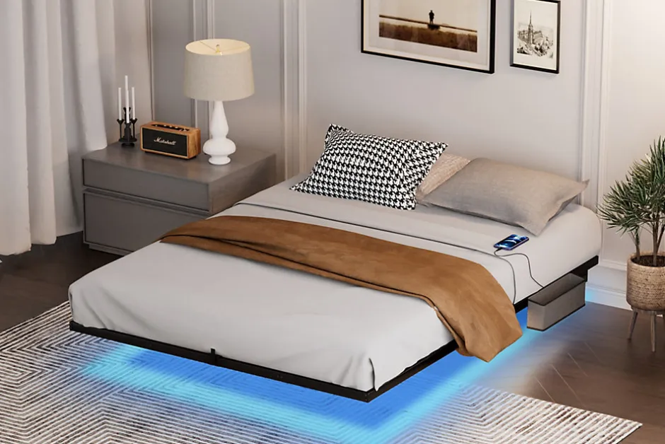 Redom Lit 160x200 cm flottant en acier noir avec éclairage LED, station USB-C et poche de rangement