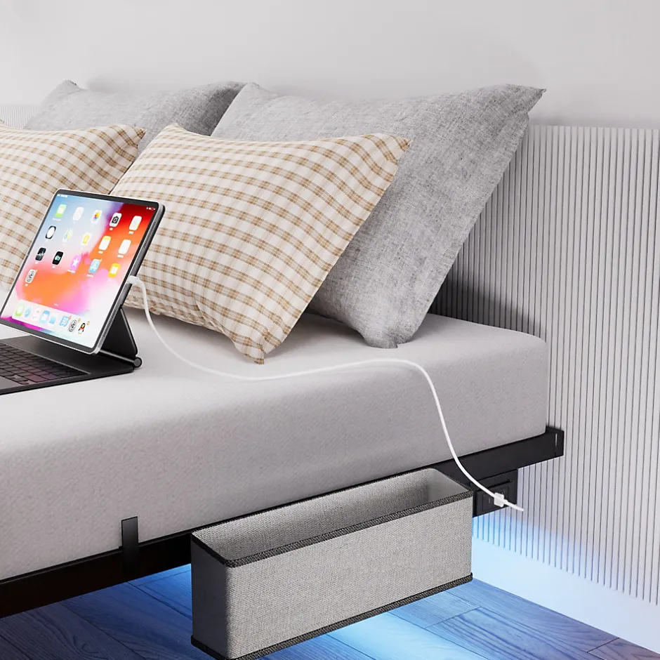 Redom Lit 160x200 cm flottant en acier noir avec éclairage LED, station USB-C et poche de rangement