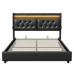 Simple Life Lit 180x200 cm, LED, port USB, coffre de rangement, tête de lit, sommier à lattes, PU noir (2 personnes). Best