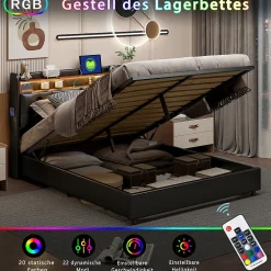 Simple Life Lit 180x200 cm, LED, port USB, coffre de rangement, tête de lit, sommier à lattes, PU noir (2 personnes). Best