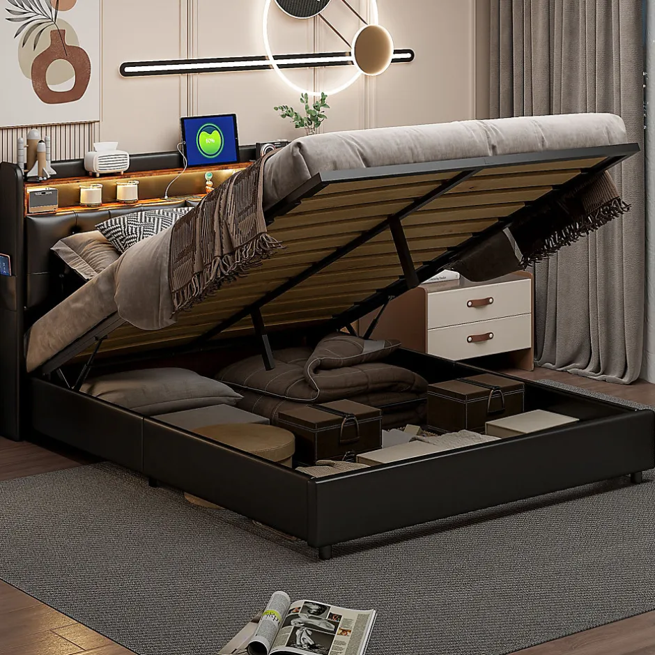 Simple Life Lit 180x200 cm, LED, port USB, coffre de rangement, tête de lit, sommier à lattes, PU noir (2 personnes). Best