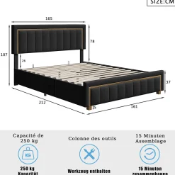 Fortuna lai Lit 160x200 cm, Lit Coffre avec Rangement, Cadre de lit avec tête de Lit, Velours, Noir